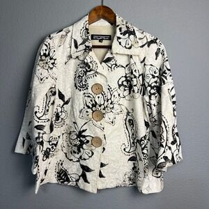 Windridge Cheryl‎ Nash Boho Floral Linen Jacket Wooden Buttons Whimsical Size M